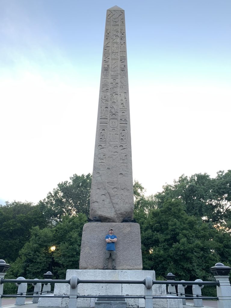 Wade Boman standing with Cleopatra's Needle Obelisk, New York, NY