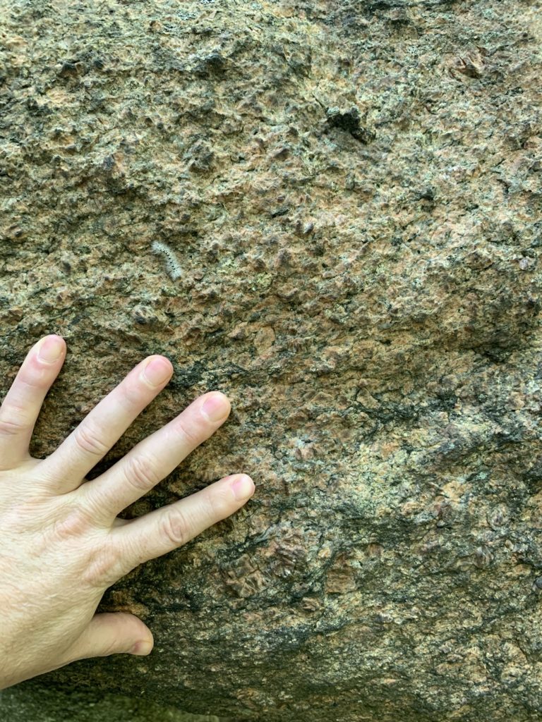 My hand against pink granite of Balanced Rock, North Salem, NY
